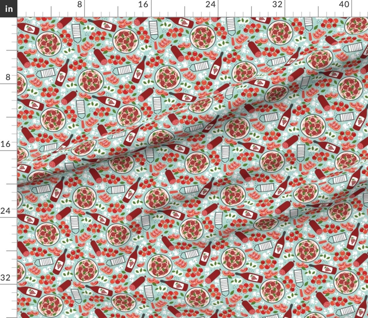 Various Fabrics by the Yard or Fat Quarter Italian Food Teal Red Pasta Tomatoes Spaghetti Wine Meatballs Chef Cooking Culinary Mushrooms Custom Printed Fabric by Spoonflower